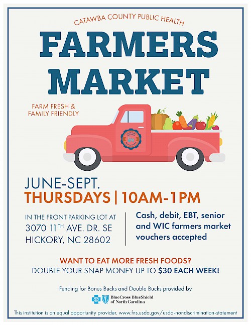 Flyer for the Catawba County Public Health Farmers Market. Farm Fresh & Family Friendly. The market runs June through September on Thursdays from 10am to 1pm in the front parking lot at 3070 11th Ave Drive Southeast, Hickory, NC 28602. Cash, debit, EBT, senior and WIC farmers market vouchers accepted. Do you want to eat more fresh foods? Double your SNAP money up to $30 each week. Funding for bonus bucks and double bucks provided by BlueCross BlueShield of North Carolina. This institution is an equal opportunity provider: www.fns.usda.gov/usda-nondiscrimination-statement